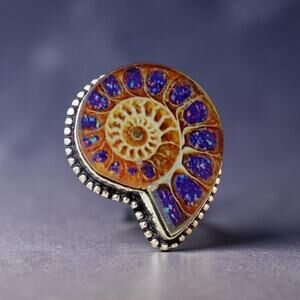 Ammonite Style Dichroic Glass Ring 925 Silver Overlay